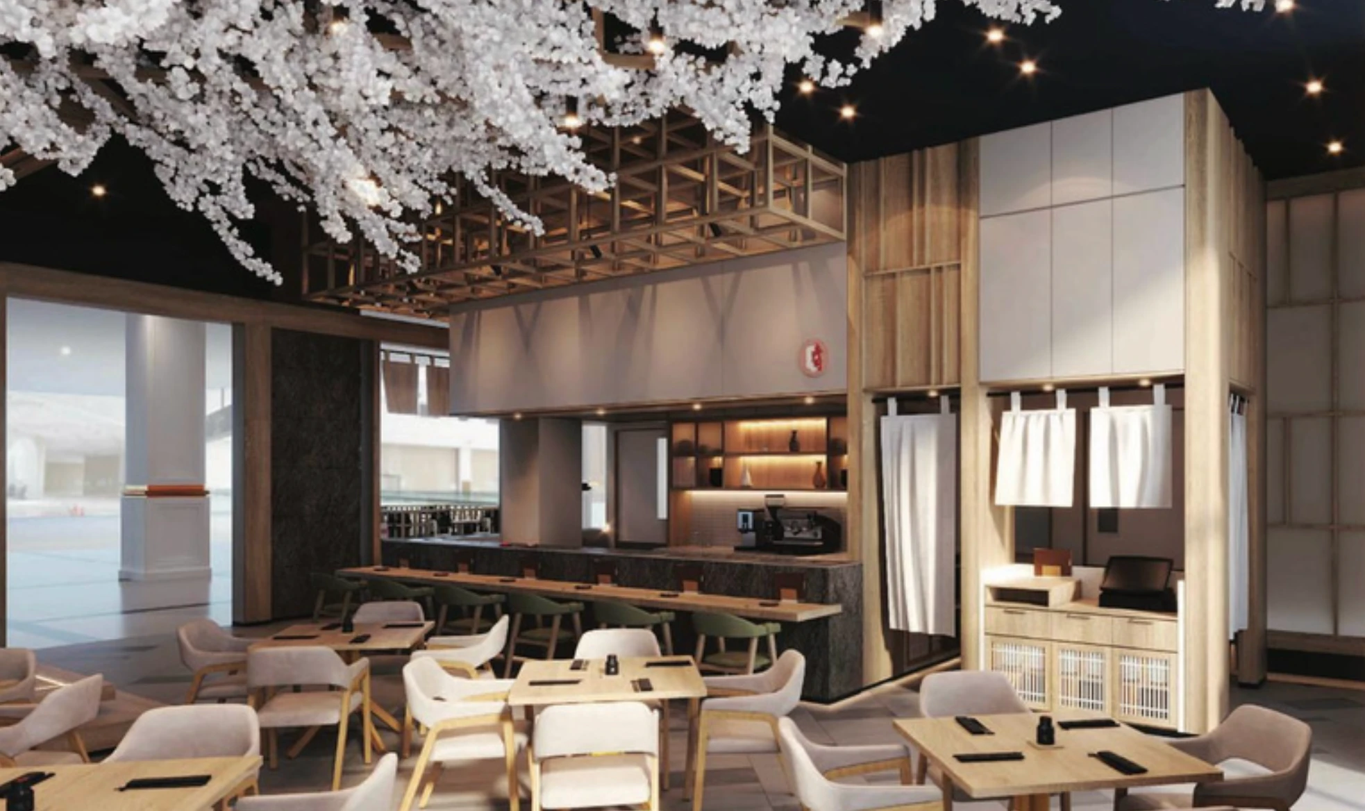 Japanese-inspired restaurant interior with a cherry blossom ceiling installation and wood bar seating